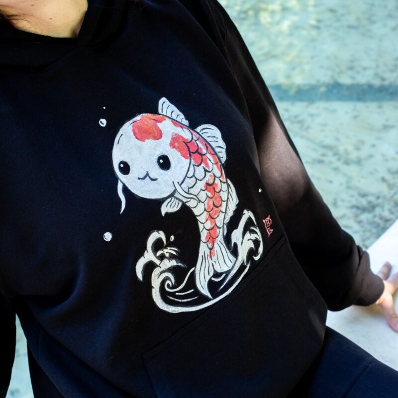Light Black Sweatshirt with japanese inspired cute koi fish in the front.